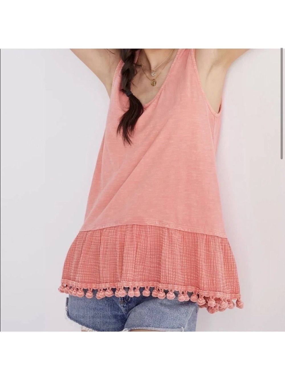 Eri + Ali Anthropologie Coral Pom Pom Hem Tank Top Small Boho Cotton